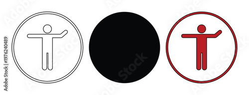 Universal accessibility icon set, human figure with outstretched arms in circular frame, red and black disability inclusion symbols for web design