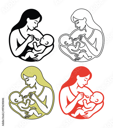 Minimalist mother feeding baby vector icons, set of 4 maternal care line art illustrations, mother and infant mealtime silhouette graphics