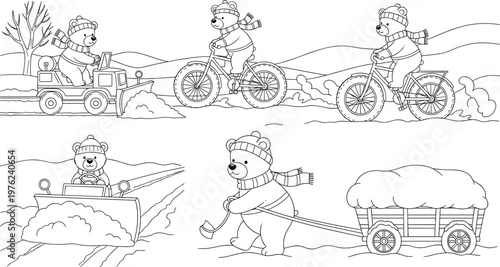 Winter Bear Adventures with Snowy Bikes, Snow Plow, and Carting Snow in a Fun Holiday Scene