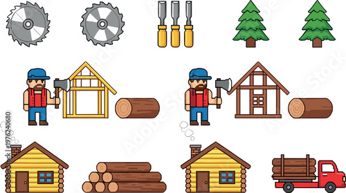 Cartoon Woodworking Set with Carpenter, Saw Blades, Logs, Houses, Trees, and Truck Illustration Design