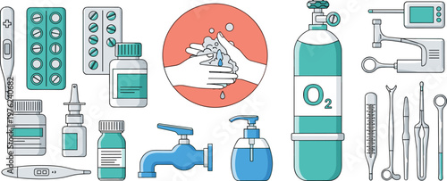 Healthcare and Hygiene Medical Equipment Set Featuring Thermometer Oxygen Tank Sanitizer Surgical Tools and Cleaning Elements in Modern Vector Illustration Collection