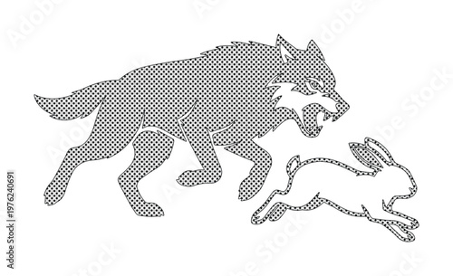Aggressive wolf chasing rabbit vector illustration, predatory gray wolf hunting a hare, wild animal chase scene in halftone dot style