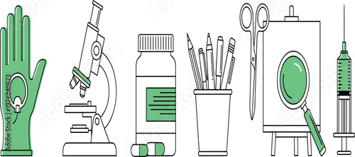 Medical and Laboratory Equipment Icon Set Featuring Microscope Syringe Pills Scissors Protective Glove and Scientific Tools in Clean Outline Vector Illustration Collection