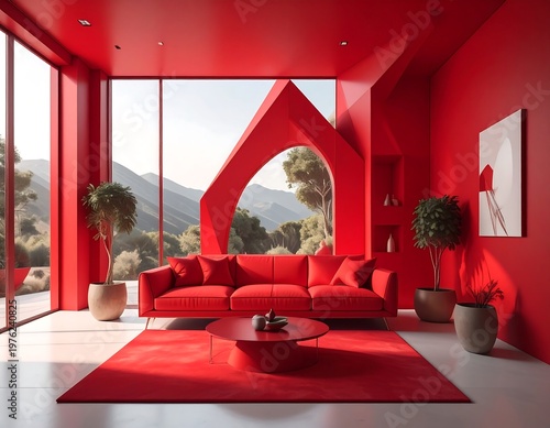 Modern red living room with mountain view