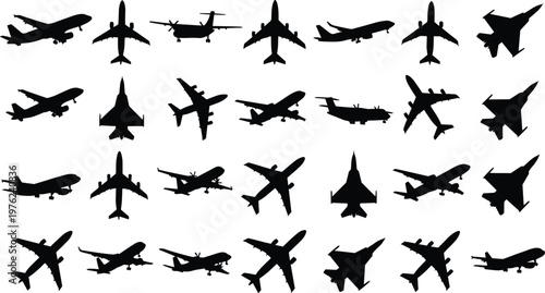 Aircraft silhouettes mega collection showing commercial airplanes, cargo planes and military jets from multiple angles, aviation transport isolated on white background