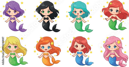 Chibi Mermaid Character Set with Cute Cartoon Sea Girls Colorful Fantasy Ocean Princess Illustrations for Kids Design Isolated on White