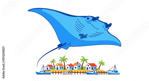 A vibrant vector illustration of a blue stingray flying over a tropical coastal town with palm trees and boats