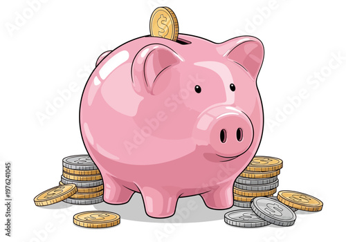 Pink Piggy Bank with Coins.