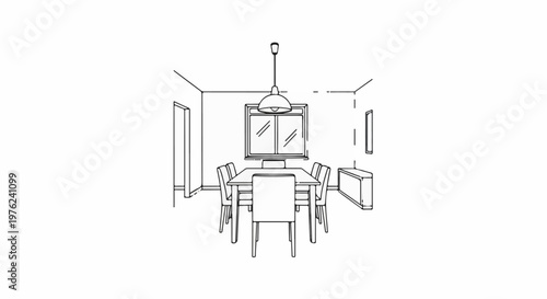 Line drawing of a dining room with a table, chairs, window, and light fixture