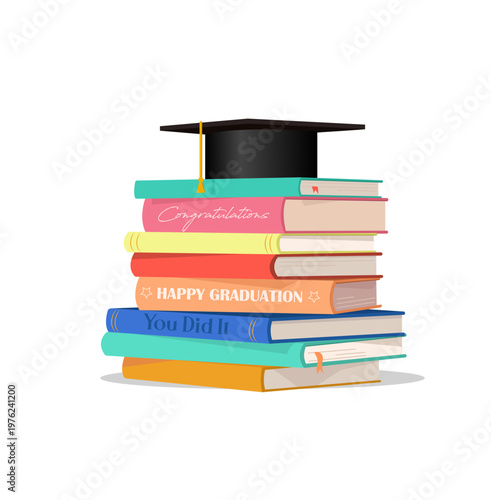 
A stack of books and a graduation cap. Congratulating students on completing their studies. Vector illustration.