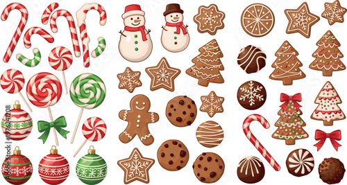 Christmas Candy and Cookie Icons Set Featuring Gingerbread Candy Cane Lollipop Ornaments and Festive Sweet Treats for Holiday Design