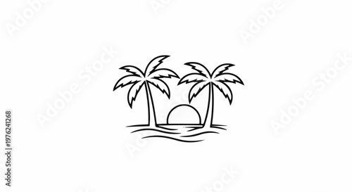 Stylized tropical beach scene with two palm trees and a setting sun
