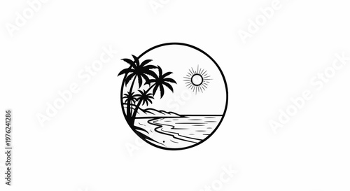 Stylized tropical beach scene within a circle, featuring palm trees, ocean, and sun