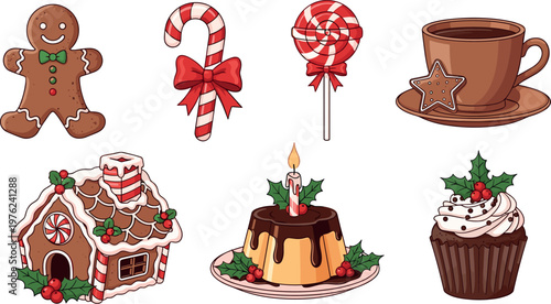 Christmas Dessert and Holiday Treat Icons Featuring Gingerbread Candy Cane Cupcake Coffee and Festive Sweet Food Illustrations