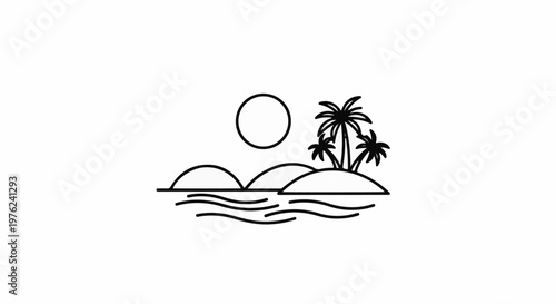 Stylized tropical island with palm trees and a sun over calm water