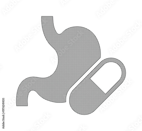 Stomach health and medical pill icon vector, human digestive system anatomy symbol, gastric medicine and pharmacy treatment concept