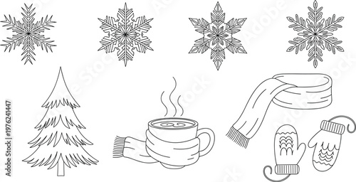 Winter Icon Set with Snowflakes, Christmas Tree, Hot Coffee, Mittens, and Scarf