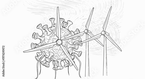Stylized virus shape with rotating wind turbines against a swirling background