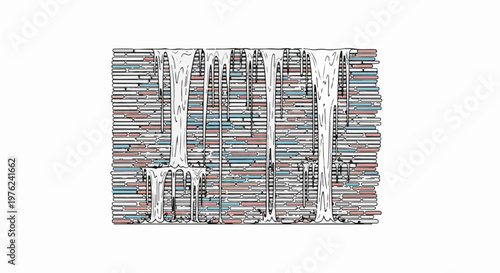 Stylized waterfall cascading over a textured wall composed of horizontal elements