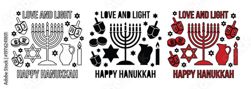 Happy Hanukkah vector set with menorah and dreidel icons, Love and Light holiday greeting designs, Jewish festival of lights illustrations in three styles