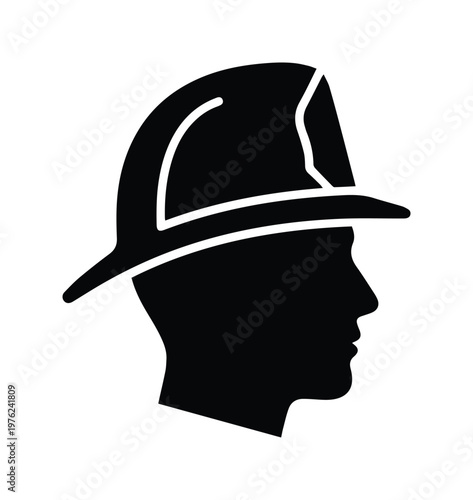 Firefighter profile silhouette vector icon, fireman head wearing traditional protective helmet, black and white emergency responder symbol