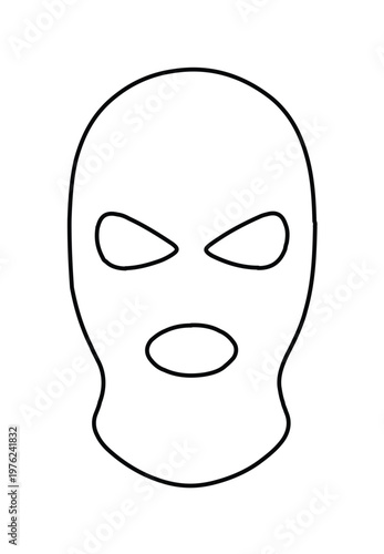 Minimalist balaclava mask line art vector, black and white ski mask icon, simple criminal face cover illustration for security and winter sports