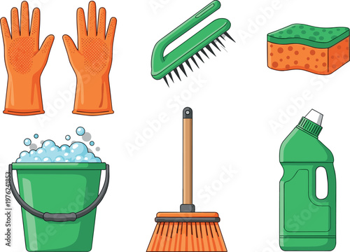 Cleaning Tools Vector Set with Gloves Brush Sponge Bucket Mop and Detergent Bottle Household Hygiene Equipment Isolated on White Background