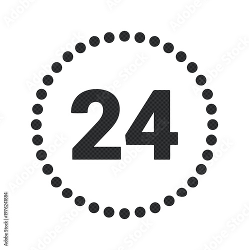 Minimalist 24 hours icon vector, black number twenty four inside dotted circle, round clock symbol for service and support availability