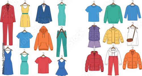 Clothing Collection Vector Set with Various Fashion Apparel on Hangers Including Dresses Jackets Shirts Pants and Outerwear Isolated on White Background