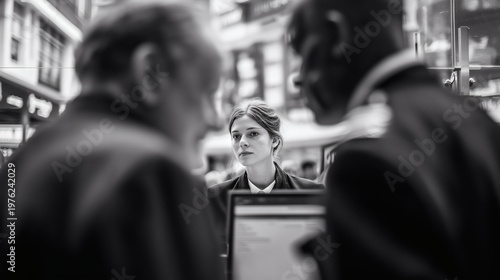 Black and White Candid Portrait of Professional Staff Providing Customer Service