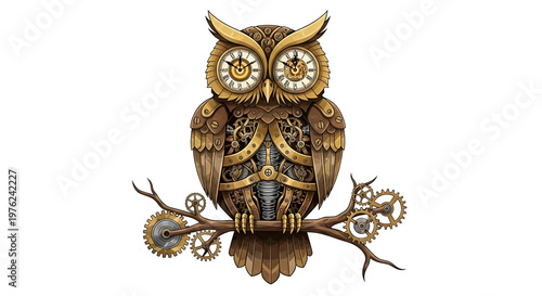 A steampunk owl illustration with clockwork gears and mechanisms, sitting on a branch with a white background
