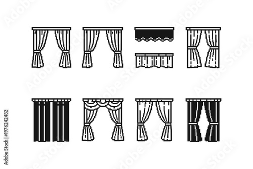 Collection of pixel art window treatments and drapery designs for interior decoration