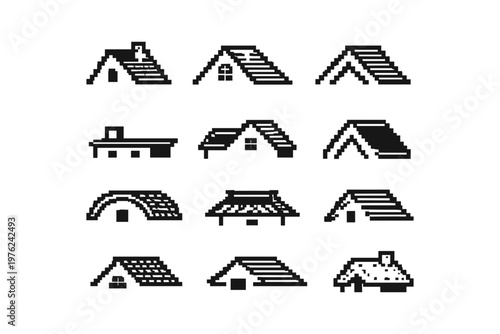 Collection of pixel art house roofs in various styles and shapes