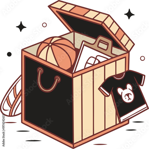 A simple cartoon-style illustration of a gift box with star decorations designed as a clean vector icon symbol for home and design use