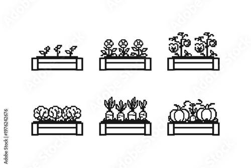 Pixel art collection of various vegetables and flowers growing in wooden planters