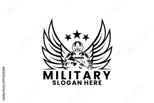 Military Soldier with Wings Logo Design Vector Template. Elegant Military Line Art Logo Design Icon
