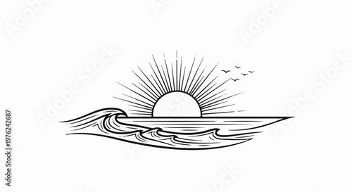 Stylized sunburst over waves with birds in flight