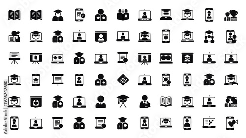 Set of 64 Black Education and E-Learning Vector Icons