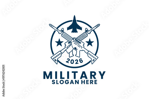 Military with Crossed Rifles and Jet Fighter Logo Design Template. Vintage Military Logo Design Concept