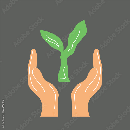 A sprout in human hands. Ecology illustration. Vector illustration isolated on white background.