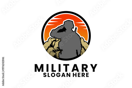 Military Soldier Saluting Silhouette Vector Logo Template. Military Circle Sticker Logo Design Icon