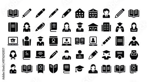 Set of 50 Education School Learning Glyph Icons Vector