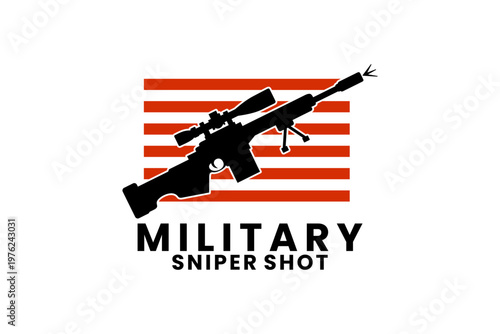 Military Sniper Rifle Silhouette with Red Stripes Logo Design Illustration