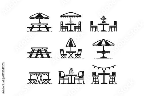 Collection of outdoor seating and dining icons with umbrellas and tables