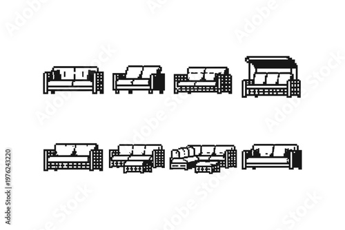 Collection of pixel art sofas and seating arrangements in a simple line drawing style