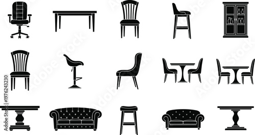 Furniture silhouettes collection vector illustration chairs tables sofa cabinet icons isolated on white background interior design elements for modern decor