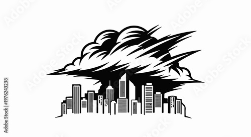 Stylized silhouette of a cityscape under a dramatic, spiky cloud formation