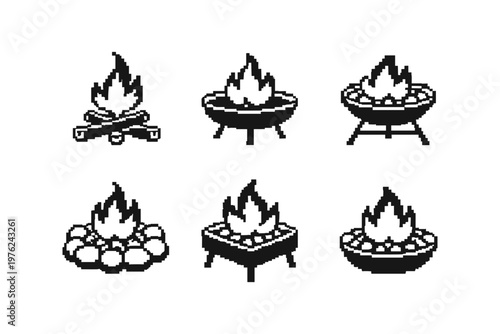 Collection of pixel art campfire and fire pit icons for outdoor ambiance