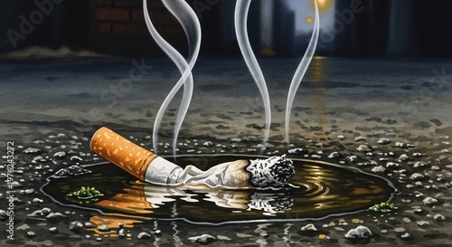 Cigarette stub submerged in water with smoke rising in alley  