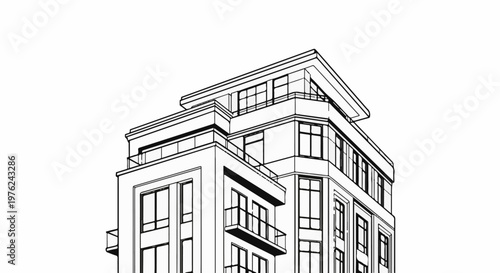 Stylized line drawing of a modern, multi-story building with balconies